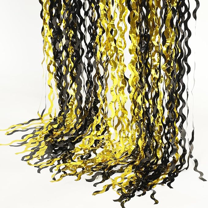 4 Pack Black and Gold Wavy Foil Fringe Curtains Pirthday Decorations,3.3 ft x 6.6 ft Metallic Foil Curtains Streamers for Party Photo Booth Props Background Decoration