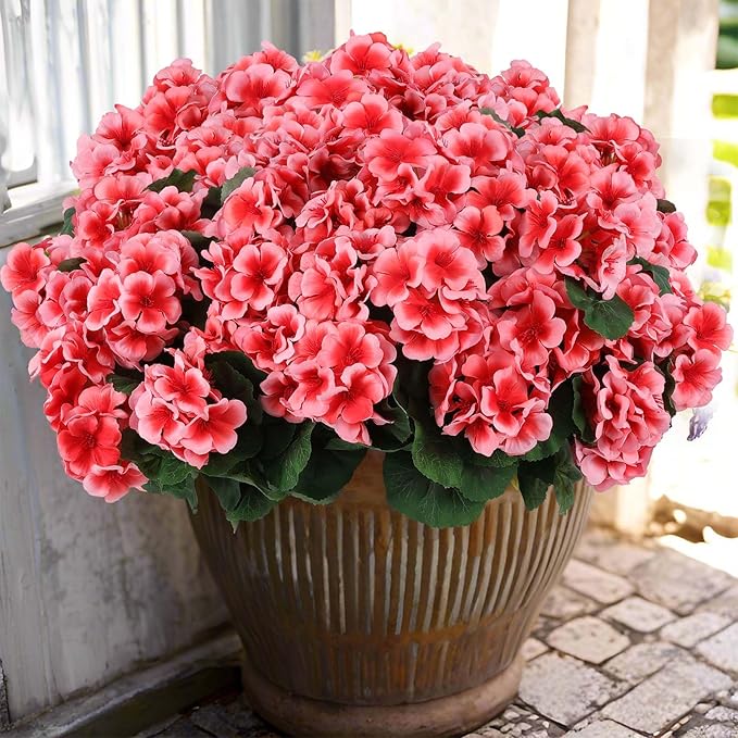 Hananona Artificial Geranium Flowers for Outdoors Geranium Silk Flowers Outdoor UV Resistant Garden Plants Faux Flowers for Home Kitchen Table Centerpieces Decor (12, Peach)