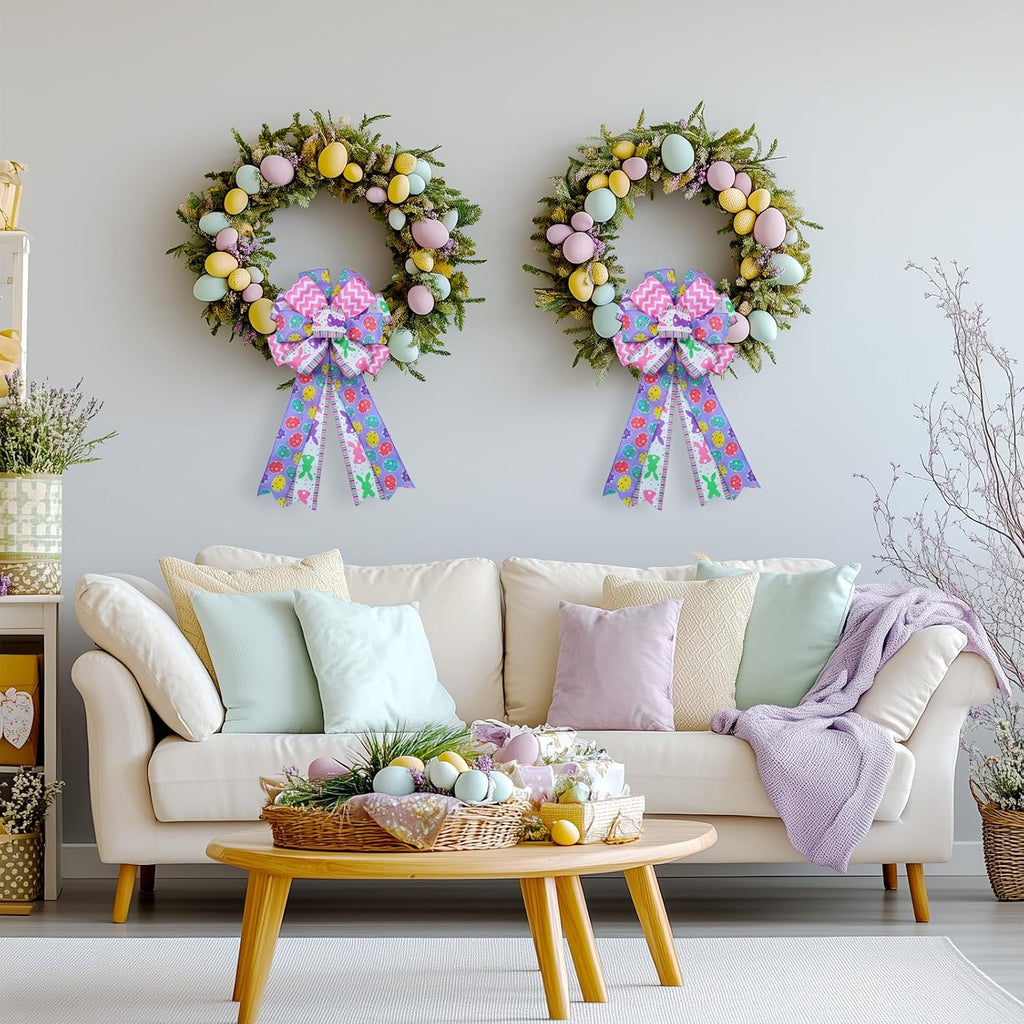 Montekin Large Easter Bows for Wreath 20x11 Inch, 2 Pack Pre-Tied Easter Egg Wired Ribbon Bow, Big Tree Topper Bow for Front Door Indoor Outdoor Spring Summer Decoration (Purple)