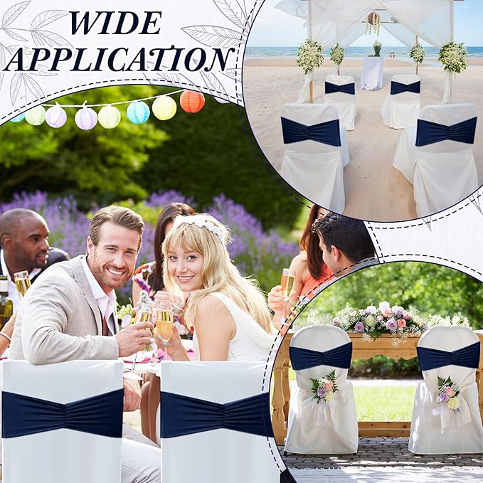 Moukeren 100 Pcs Spandex Chair Sashes Bows Bands Slider Sashes for Chair Covers Elastic Bands Ties Ribbon Decorations for Wedding Party Events Ceremony Birthday Banquet(Navy Blue)
