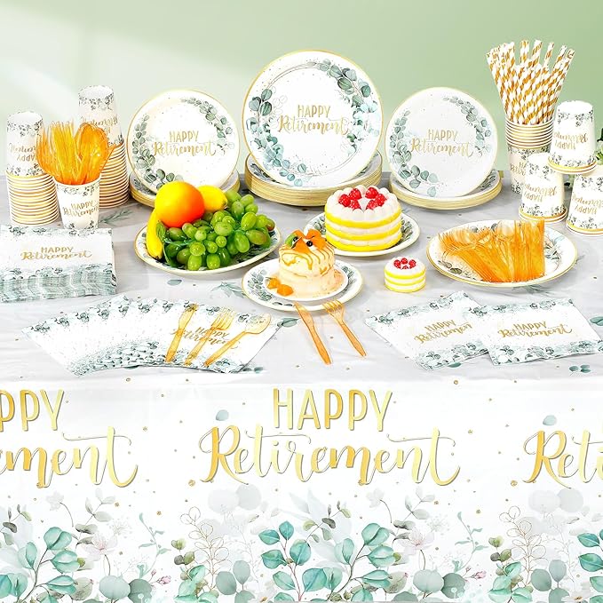 452 Pcs Sage Green Retirement Party Supplies Happy Retirement Paper Plates Napkins Cups Tablecloth Cutlery Straws for Men Women Employee Coworker Teacher Farewell Party Decorations