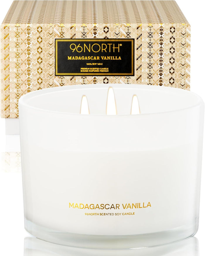 96NORTH Luxury Vanilla Soy Candles | Large 3 Wick Jar Candle | Up to 50 Hours Burning Time | 100% Natural Soy Wax | Relaxing Aromatherapy Aesthetic Candle | Housewarming Gift for Men and Women