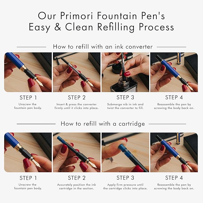 Wordsworth & Black Primori Fountain Pen Set [Blue Gold]; Fine Nib, Gift Case, 24 Ink Cartridges, Refill Converter, Manual; Journaling, Calligraphy, Smooth Writing Pens; Left and Right Handed
