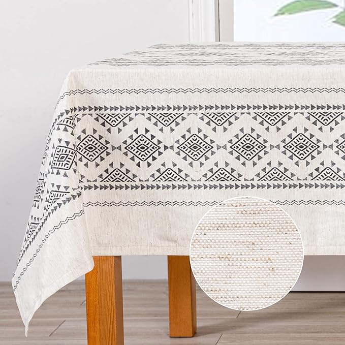 MYSKY HOME 60x84 Boho Rectangle Tablecloth Linen Farmhouse Tablecloth Waterproof Decorative Fabric Table Cloth for Kitchen Dining Bohemian Tablecloth for 4 Feet Table, Grey