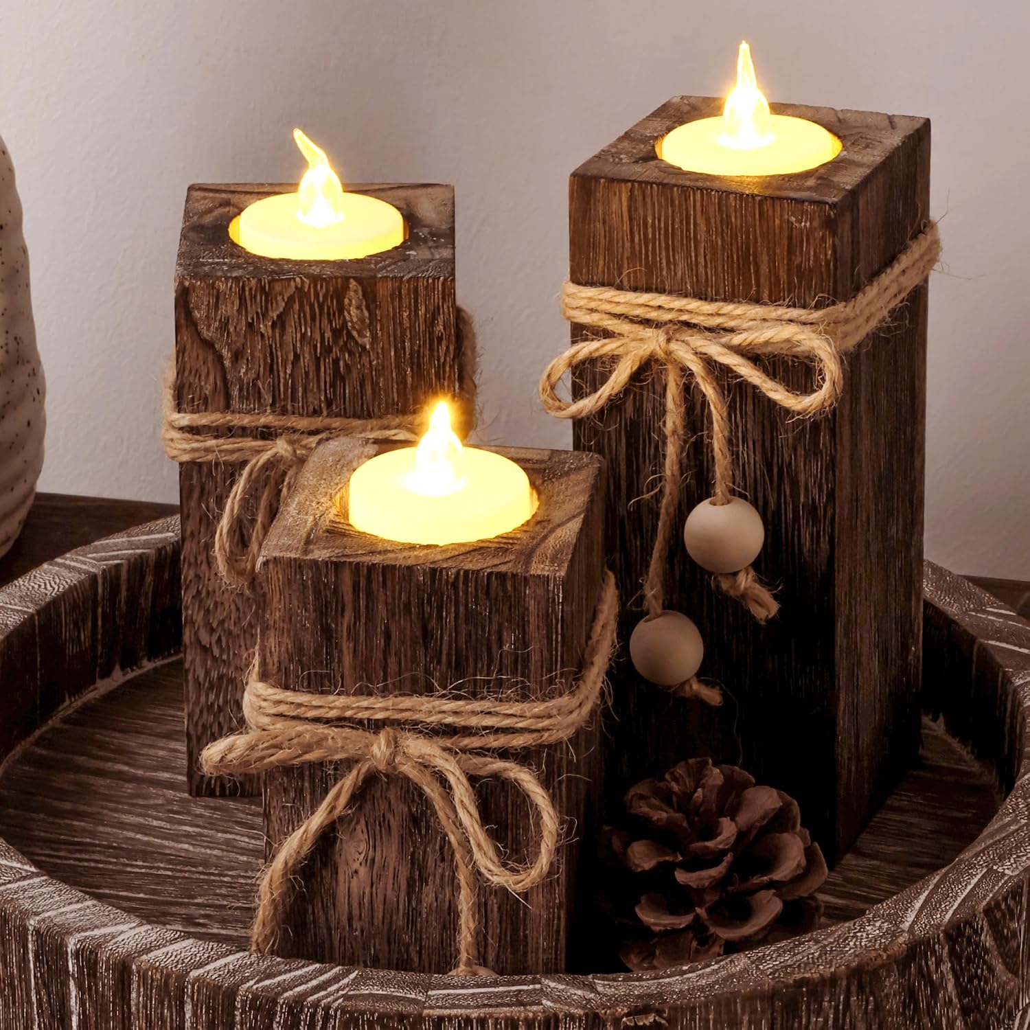 MelonBoat Rustic Wood Candle Holders: Farmhouse Candle Holders with Battery Operated Candles，Rustic Farmhouse Decor, Flameless LED Candles 3-Pack for Living Room Party Holiday Home Decor