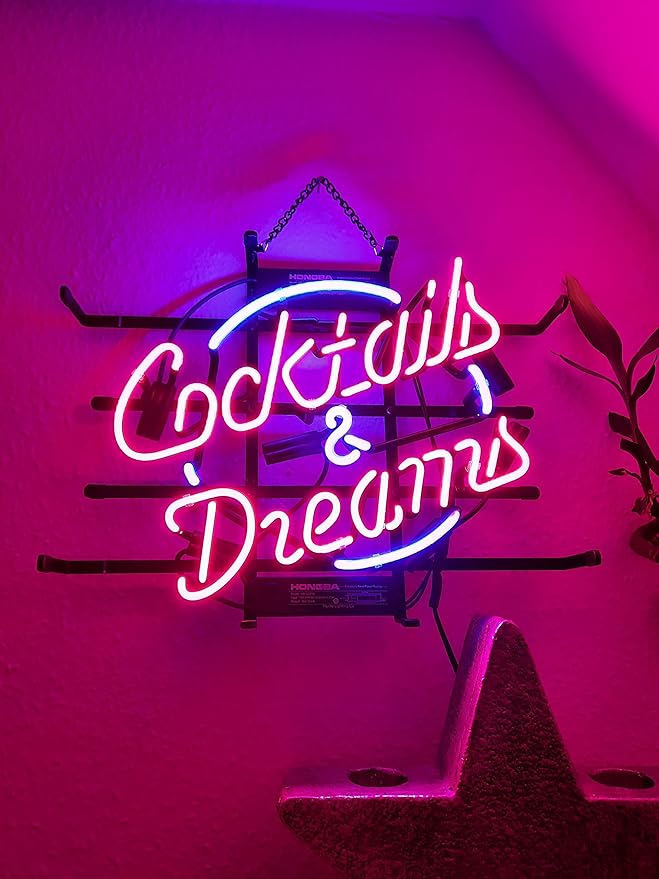 COCKTAILS AND DREAMS Real Glass Neon Light Sign Home Beer Bar Pub Recreation Room Game Room Windows Garage Wall store Sign (17"x14" Large)
