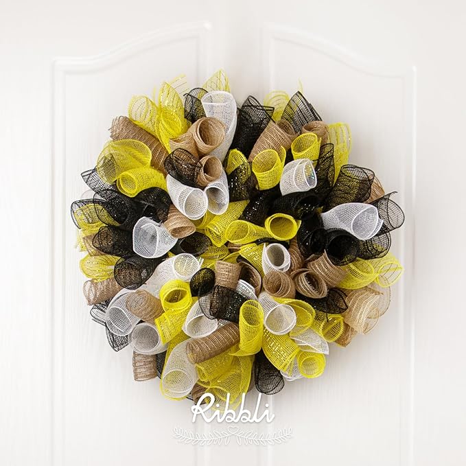 Ribbli 2 Rolls Black Mesh Ribbon,10 inch x 30 feet(10Yard) Each Roll,Metallic Black with Foil,Halloween Ribbon for Wreath Swags and Decorating