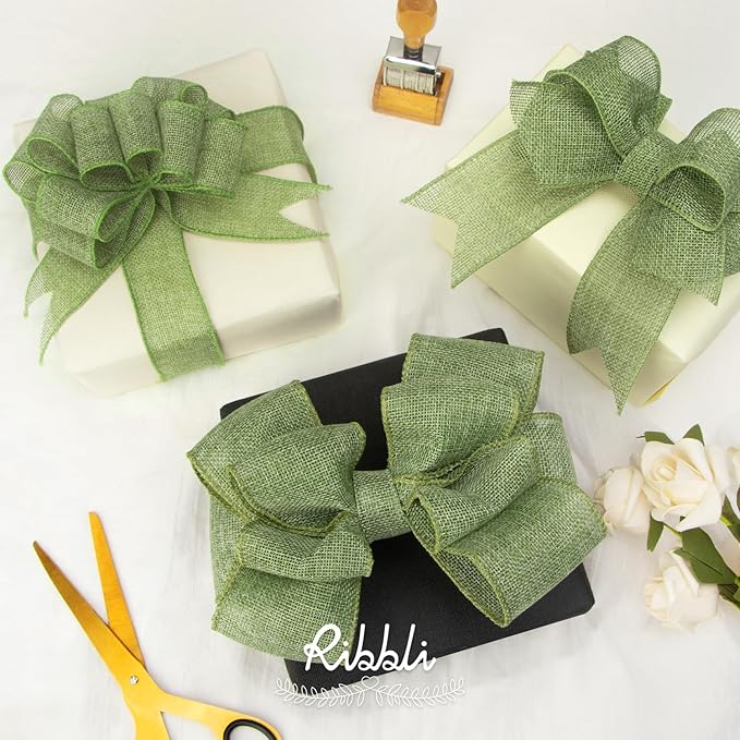 Ribbli Sage Green Burlap Wired Ribbon, 2-1/2” Inch x Continuous 20 Yard, Spring Moss Wired Ribbon for Wreaths,Big Bows,Tree Decoration,Outdoor Decoration