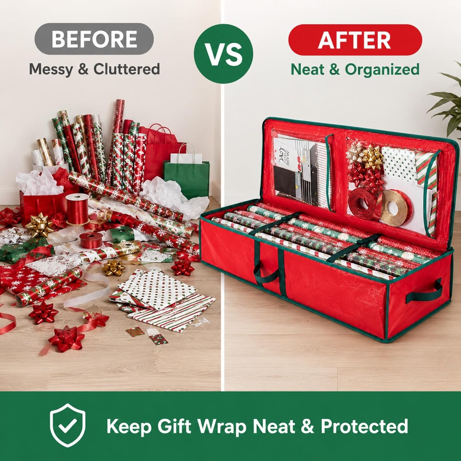Gift Wrapping Paper Organizer Storage Bag, Wrapping Paper Storage Container Fits Up to 24 Rolls, Waterproof Holiday Gift Wrap Holder with Interior Pockets for Bows, Ribbons & Tags(104×36×16cm) (Red)