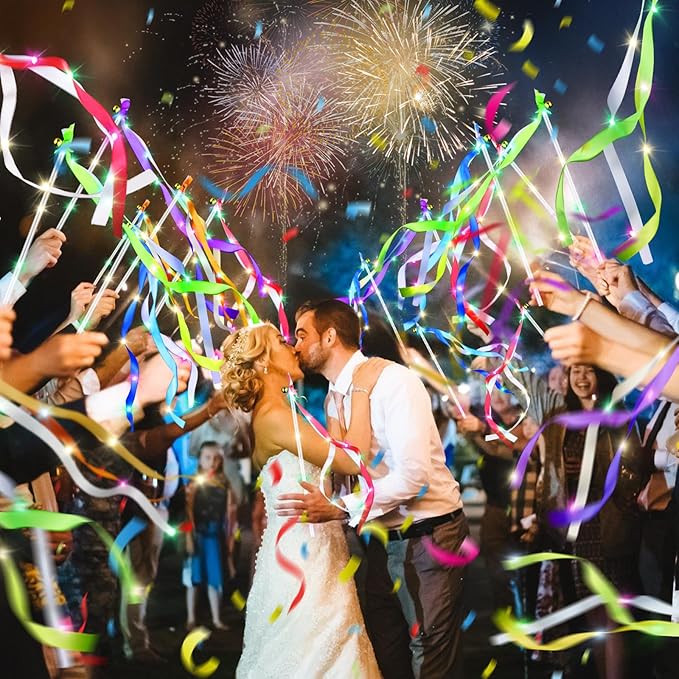 42 PCS Light Up Wands for Wedding, Wedding Favors with 3 Colorful Flashing Modes, LED Fairy Wands with Bells for Wedding Send Off, New Year, Raves, Concert, Birthday, Party Streamers