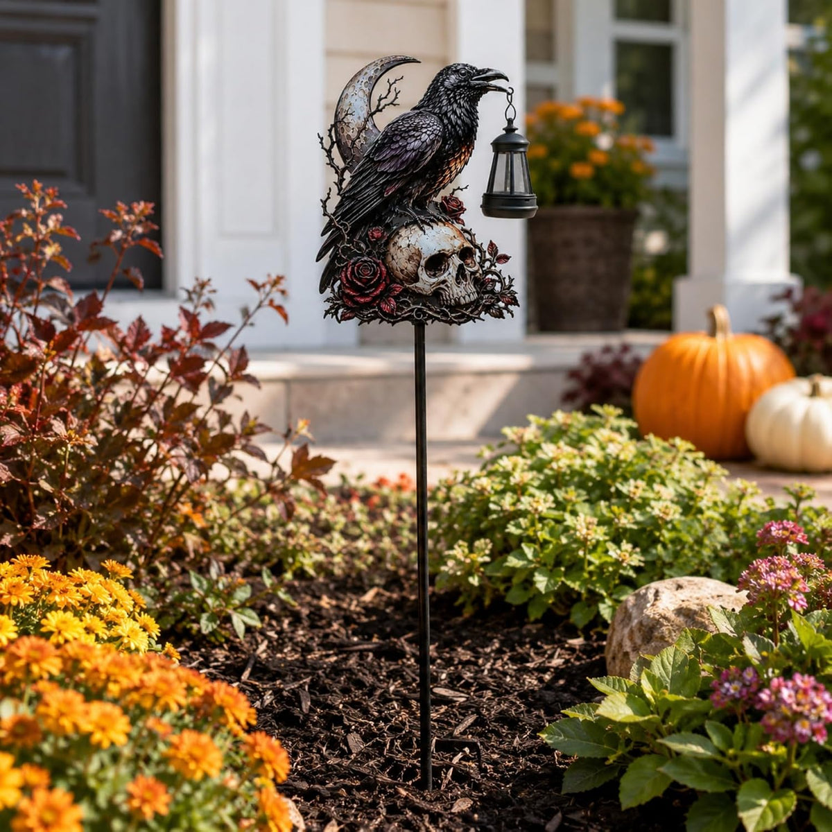 Halloween Garden Decorations Outdoor, Crow Skull Solar Garden Stake with Lant...