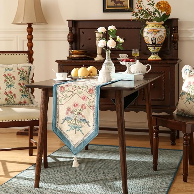 patdrea Designer French Elegant Wild Flowers Velvet Table Runner 102 Inch Long, Beige Pink Floral Table Mat, Decoration for Kitchen Dining Coffee Table Cabinet Banquet Thanksgiving,12"*102"