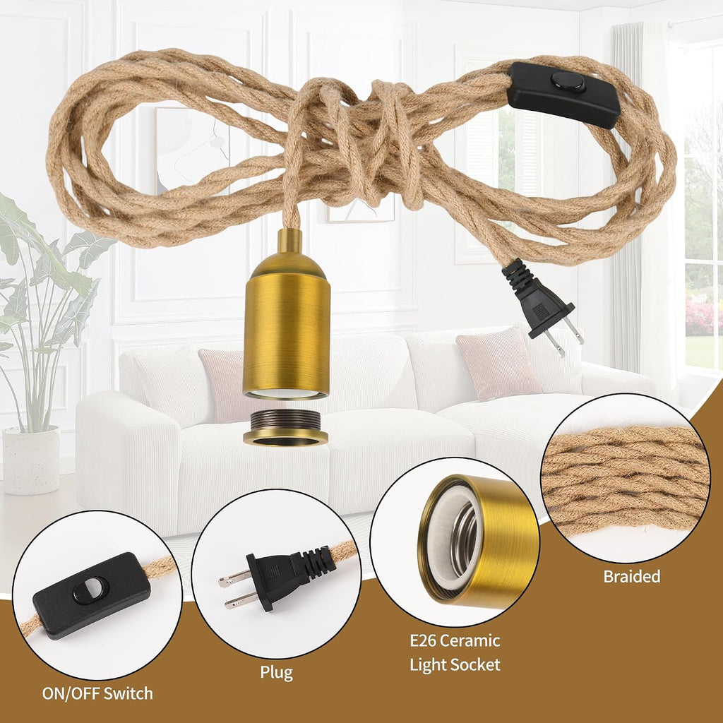 Plug in Pendant Light Cord 15FT Hemp Rope, Hanging Lamp Kit | Twisted rope cord, ceramic E26 socket, gold aluminum shell, inline switch, rustic hanging lantern style
