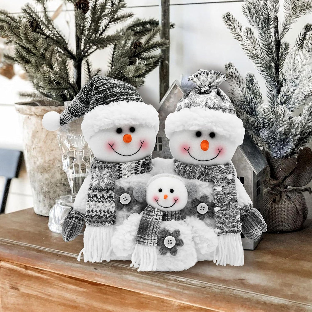 Christmas Snowman Decorations Indoor- Grey Stuffed Snowman Plush Decor for Table Centerpiece- Neutral Christmas Decor Winter Handmade Gifts