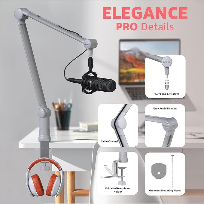IXTECH Microphone Boom Arm with Desk Mount, 360° Rotatable, Adjustable and Foldable Scissor Mounting for Podcast, Video Gaming, Radio and Studio Audio, Sturdy and Universal.