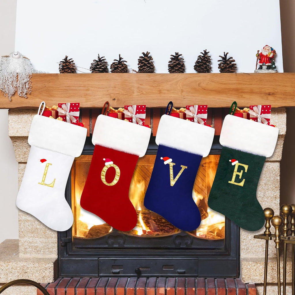 20 Inches Red Velvet with White Super Soft Plush Cuff Monogram Christmas Stockings, Xmas Personalized Embroidered Letter Stockings for Family Holiday Decorations and Xmas Tree Fireplace（E）