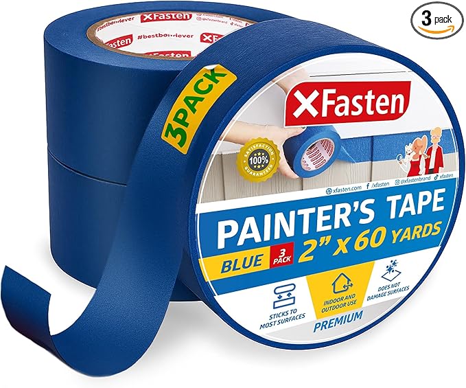 XFasten Professional Blue Painters Tape 2 Inch x 60 Yards (3-Pack) Bulk Blue Masking Tape for Painting Walls | Residue-Free