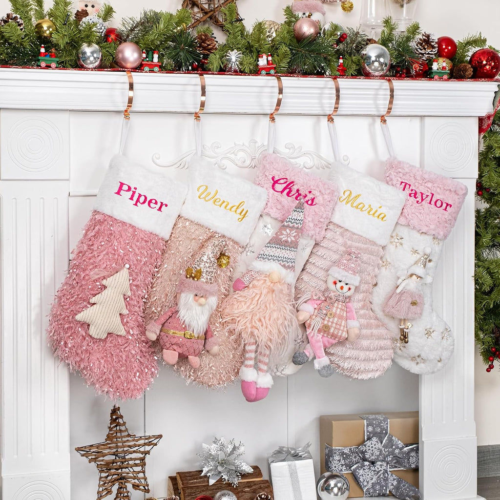 BHD BEAUTY Personalized Christmas Stocking Custom Name 3D Dolls Pink Customized Soft Faux Fur for Family Decorations Hanging Ornament for Xmas Holiday Party 1 Pack