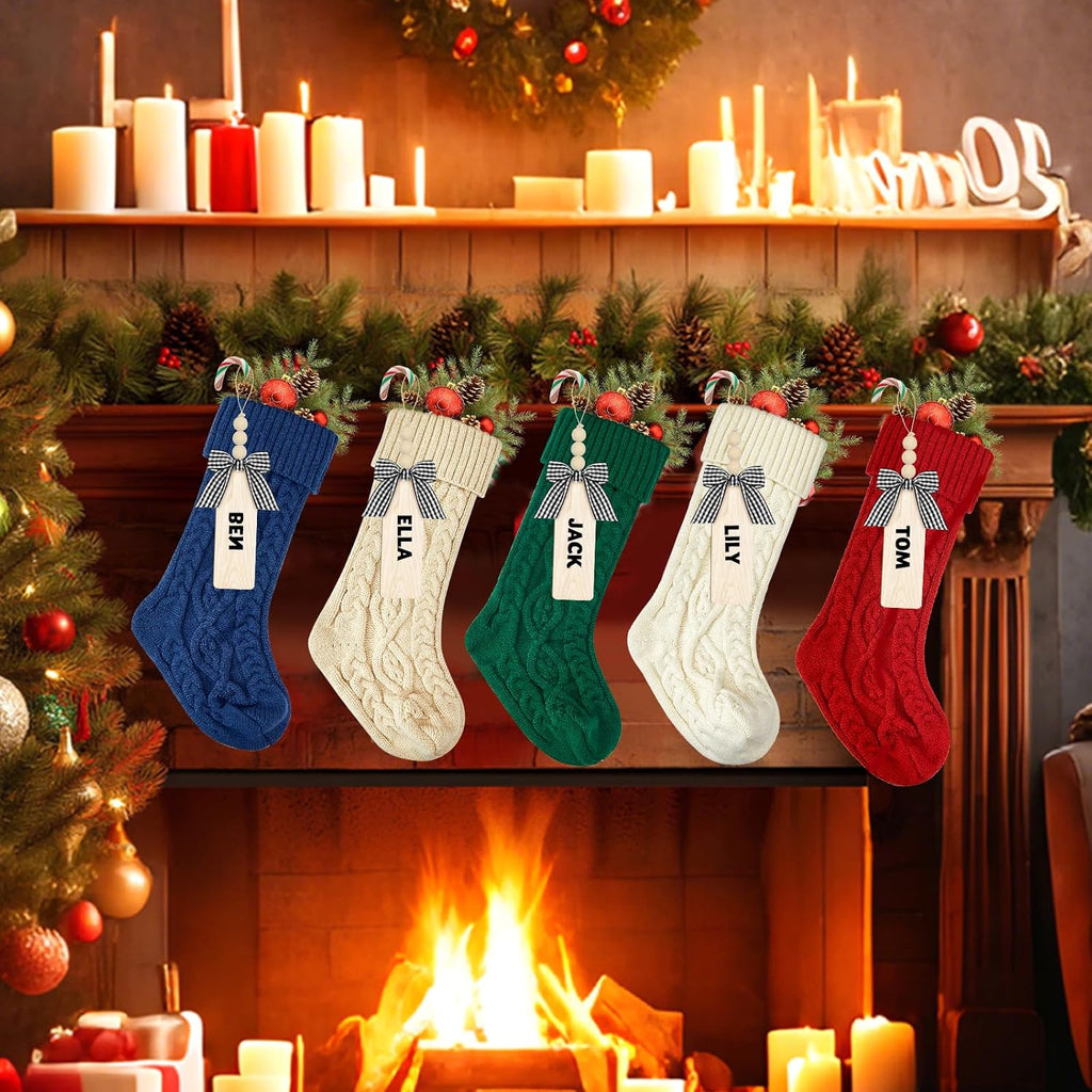 18 Inches Personalized Christmas Stockings: 4 Pack Ivory Red Green Khaki Knit Christmas Stockings Set with Name Tags Christmas Decor Neutral Xmas Decorations Holiday Farmhouse Indoor Home Decor