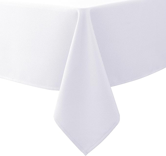 Biscaynebay Textured Fabric Tablecloths 70x108 Inches Rectangular, White Water Resistant Tablecloths for Dining, Kitchen, Wedding and Parties etc. Machine Washable