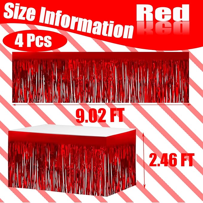 4 Pack 29x108 Inch Metallic Foil Fringe Tinsel Table Skirts for Rectangle Tables Streamer Backdrop for Wedding, Birthday, Parade Floats, Christmas, Halloween Party Decoration(Red)