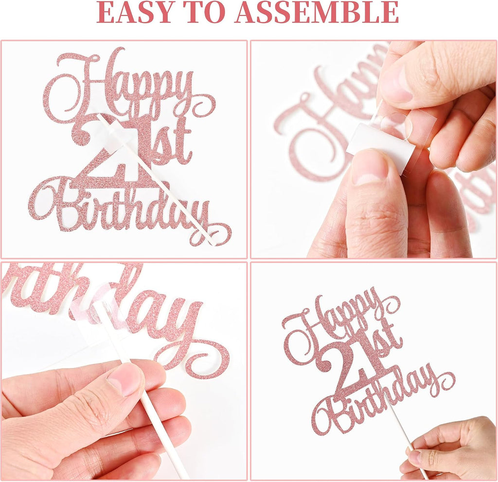 21st Birthday Cake Toppers, 21st Birthday Candles Numeral Candles and Glitter Cake Decorations Toppers Set for Party Supplies (Rose Gold)