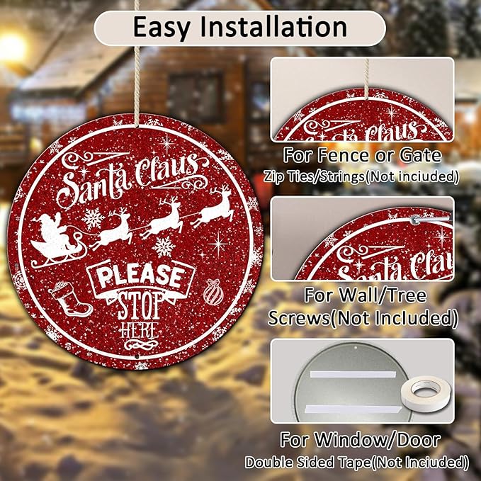 Round Metal Tin Sign - Santa Sleigh Reindeer Vintage Sign - Santa Claus Please Stop Here Sign for Christmas Living Room Bedroom Coffee Bar - 8 * 8 in