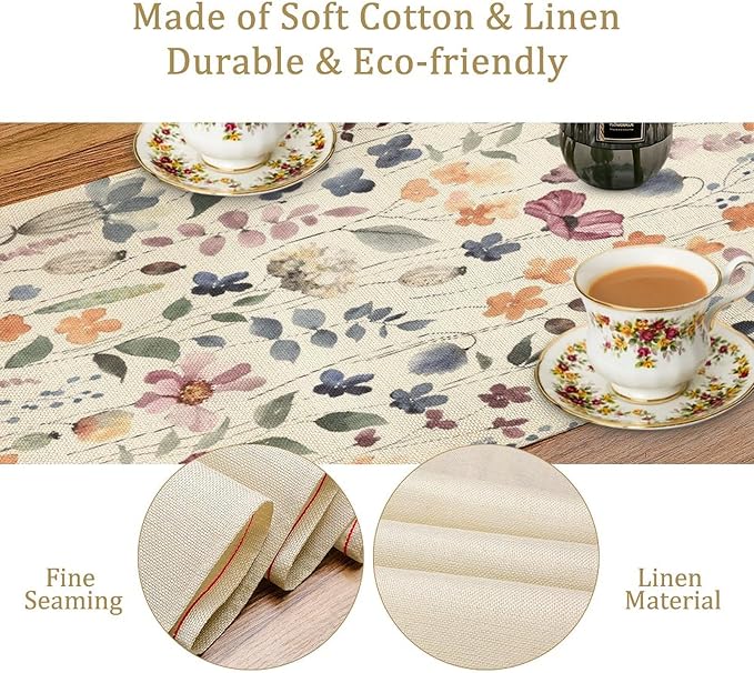 Watercolor Floral Table Runner, Vintage Colorful Floral Natural Style Pattern Decorative Home Restaurant Kitchen Rectangle Table Runner,13in（33cm） W * 60in（152cm） L