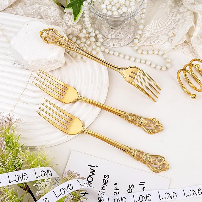 30PCS Gold Plastic Forks - 8.1inch Gold Forks Disposable - Vintage Heavy Duty Dessert Forks - Premium Fancy Plastic Silverware for Parties, Weddings, Dinners and Events
