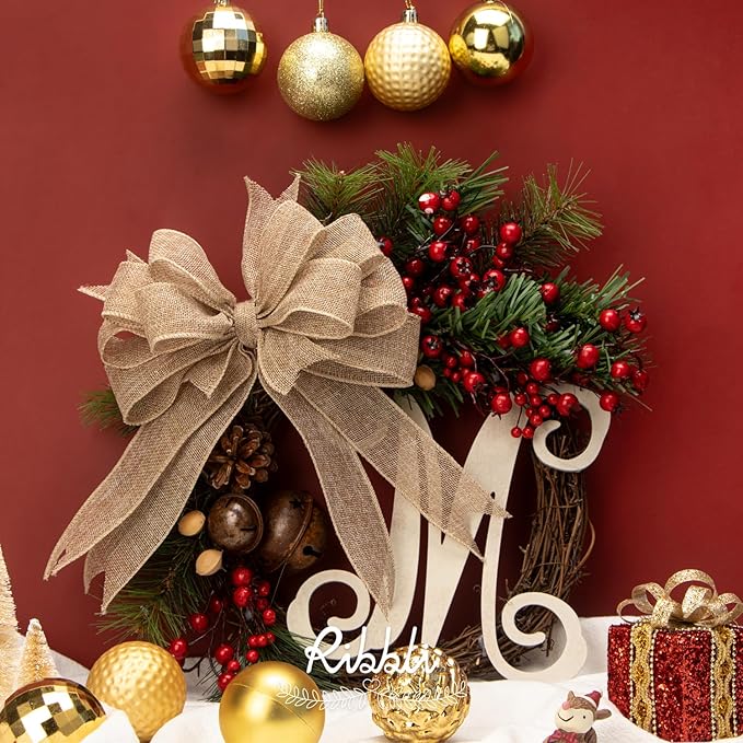 Ribbli Burlap Wired Edge Ribbon,1-1/2 Inch x 10 Yard,Natural,Solid for Big Bow,Wreath,Tree, Outdoor Decoration