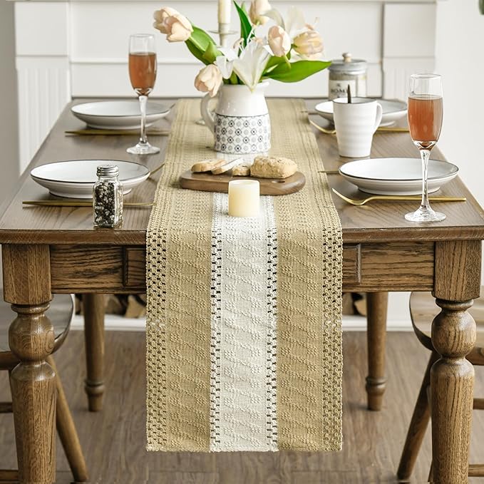Artoid Mode Burlap Brown Farmhouse Rustic Table Runner, Seasonal Hollow Kitchen Dining Table Decoration for Home Party Decor 12x108 Inch