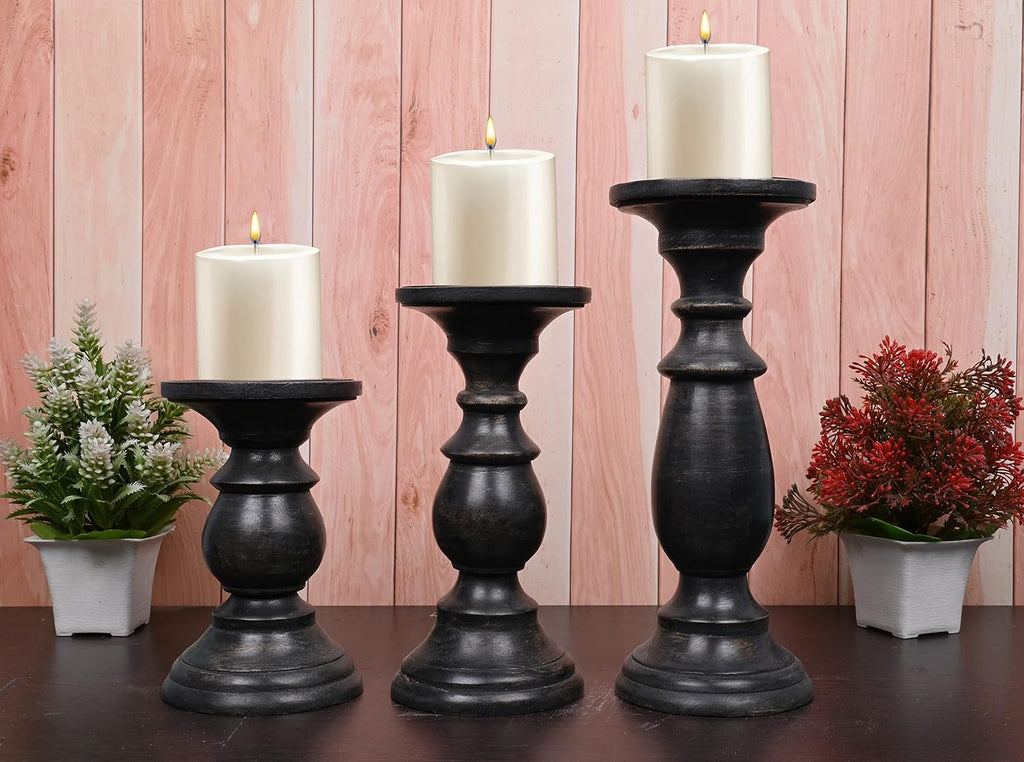 SAMHITA Set of 3 Farmhouse Mango Wood Candle Holders, in Black Finish for Table Centerpiece Candle for Any Room Decor