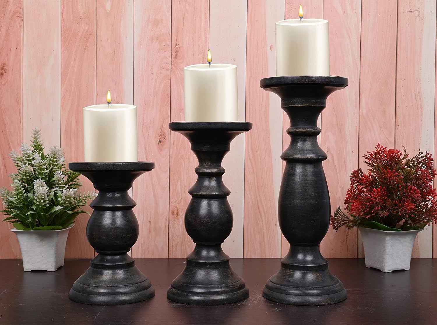 SAMHITA Set of 3 Farmhouse Mango Wood Candle Holders, in Black Finish for Table Centerpiece Candle for Any Room Decor