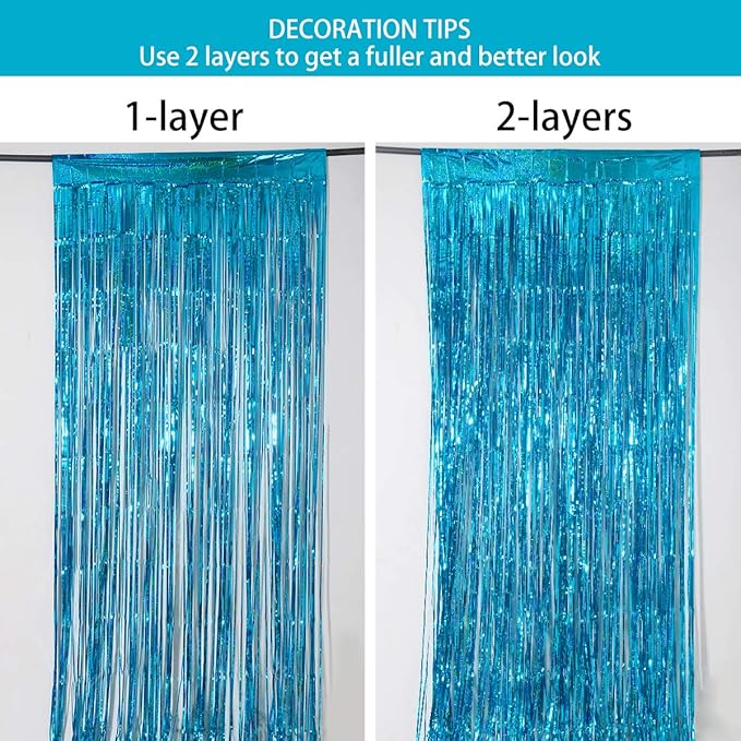 Melsan 2 Pack 3.2 ft x 8.2 ft Teal Tinsel Foil Fringe Curtains Backdrop, Sparkle Metallic Foil Curtains for Frozen/Mermaid/Under Sea Birthday Party Decoration