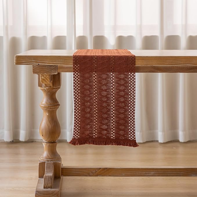 Boho Rust Table Runner for Home Decor 12x48 Inches Farmhouse Macrame Burlap Jute Rustic Dining Kitchen Centerpiece Bohemian Decor French Country Baby Bridal Shower Decorations