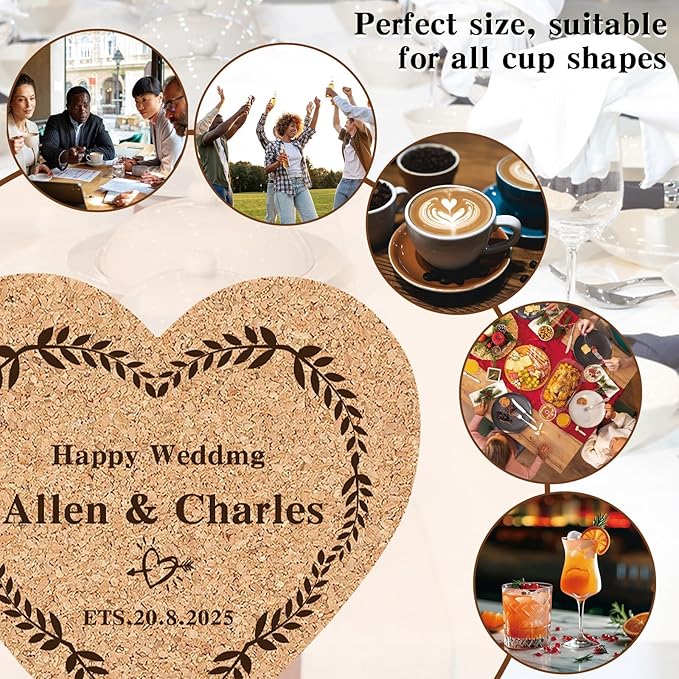 Custom Coasters Personalized Cork Coasters Bulk with Logo Wedding Personalized Cork Natural Wood Engraved Drink for Wedding Favors (Cork Coasters - Heart)
