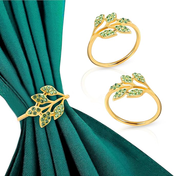 Gold Napkin Rings Set of 10,Napkin Rings Holder Buckles,Thanksgiving Christmas Napkin Ring Alloy Leaf Diamonds Napkin Ring for Dining Table Decor Wedding,Dinner Party Decorations Green Diamonds 10pcs
