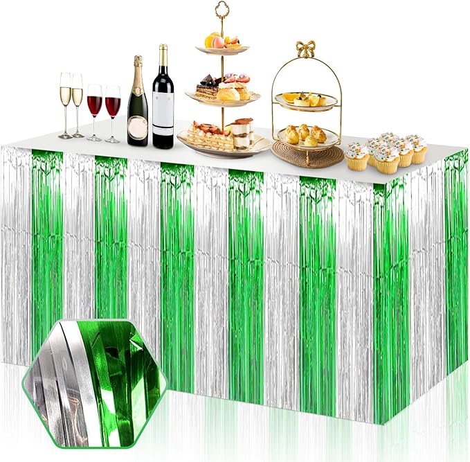 3 Pack 29x108 Inch Silver Green Foil Fringe Table Skirts Metallic Banner for Tinsel Streamer Garland Backdrop for Parade Floats Wedding Thanksgiving Birthday Christmas Halloween Party Decoration