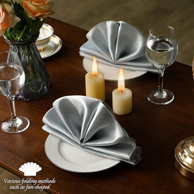 Manyshofu 60 Pieces Silver Satin Napkins - 20x20 Inches Cloth Napkins, Square Satin Fabric Napkins Set - Elegant & Reusable Table Napkins for Wedding Dinner Party Lunch Banquet Restaurant Decoration