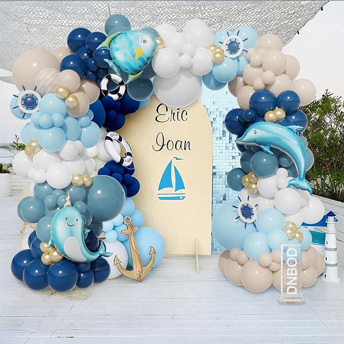 Nautical Balloon Arch Kit,154Pcs Navy Blue Sand White Gold Balloon Garland with Tropical Fish,Whale,Dolphin Foil Balloons for Sea Sailing Nautical Baby Shower Ocean Animals Birthday Party Decorations