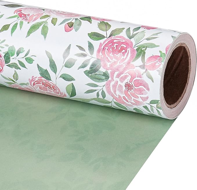 RUSPEPA Reversible Floral Wrapping Paper Roll for Girls Women, Mini Roll, Pink Rose Design and Green Solid Color, Elegant Gift Wrap for Birthday, Mother’s Day, Bridal Shower, 17 Inches x 16.4 Feet