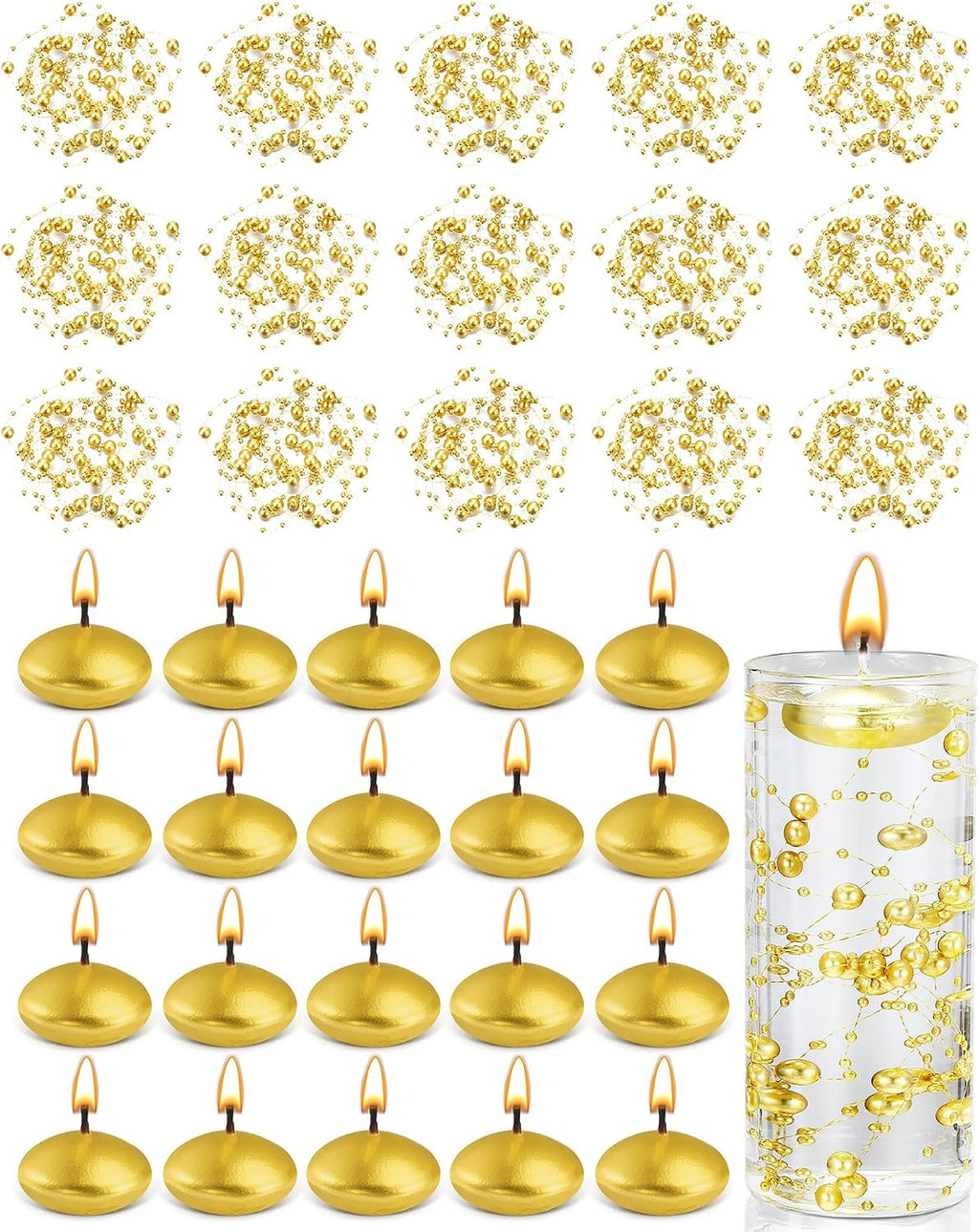 Fumete 40 Pcs Gold Floating Candle & Pearl String Set: 20 Unscented Wax Tealights (1.5") & 20 Faux Pearl Chains (4.4ft), Elegant Vase Filler for Wedding Centerpiece, Bridal Shower & Gala Dinners Decor