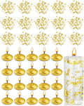 Fumete 40 Pcs Gold Floating Candle & Pearl String Set: 20 Unscented Wax Tealights (1.5") & 20 Faux Pearl Chains (4.4ft), Elegant Vase Filler for Wedding Centerpiece, Bridal Shower & Gala Dinners Decor