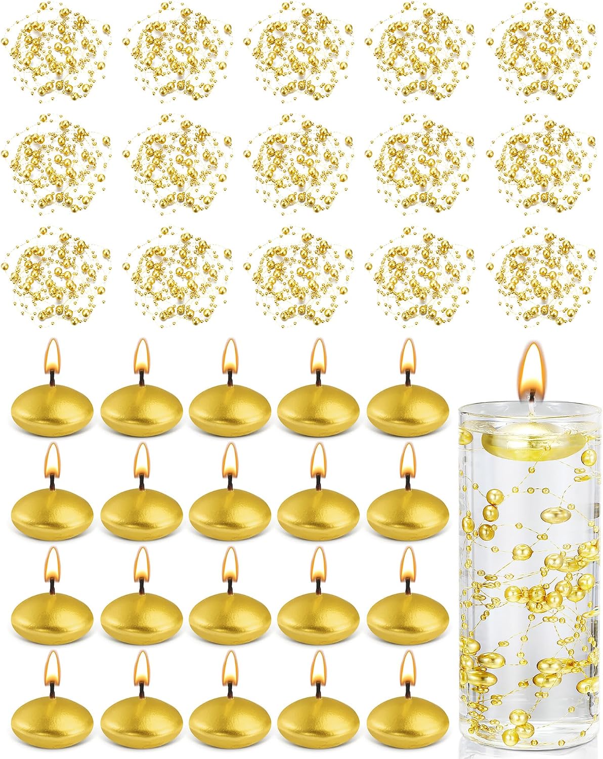 Fumete 40 Pcs Gold Floating Candle & Pearl String Set: 20 Unscented Wax Tealights (1.5") & 20 Faux Pearl Chains (4.4ft), Elegant Vase Filler for Wedding Centerpiece, Bridal Shower & Gala Dinners Decor