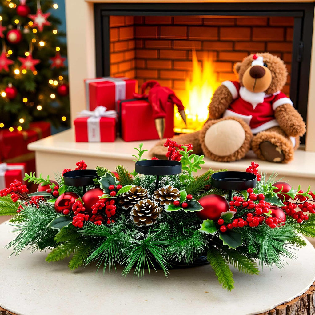 YULETIME 28" Christmas Triple Candelabrum, Red Baubles, Berries, Pine Cones | Three Trays Holder, Tray diameter 3.15-in, Candles Not Included, Holiday Centerpiece, Red Theme