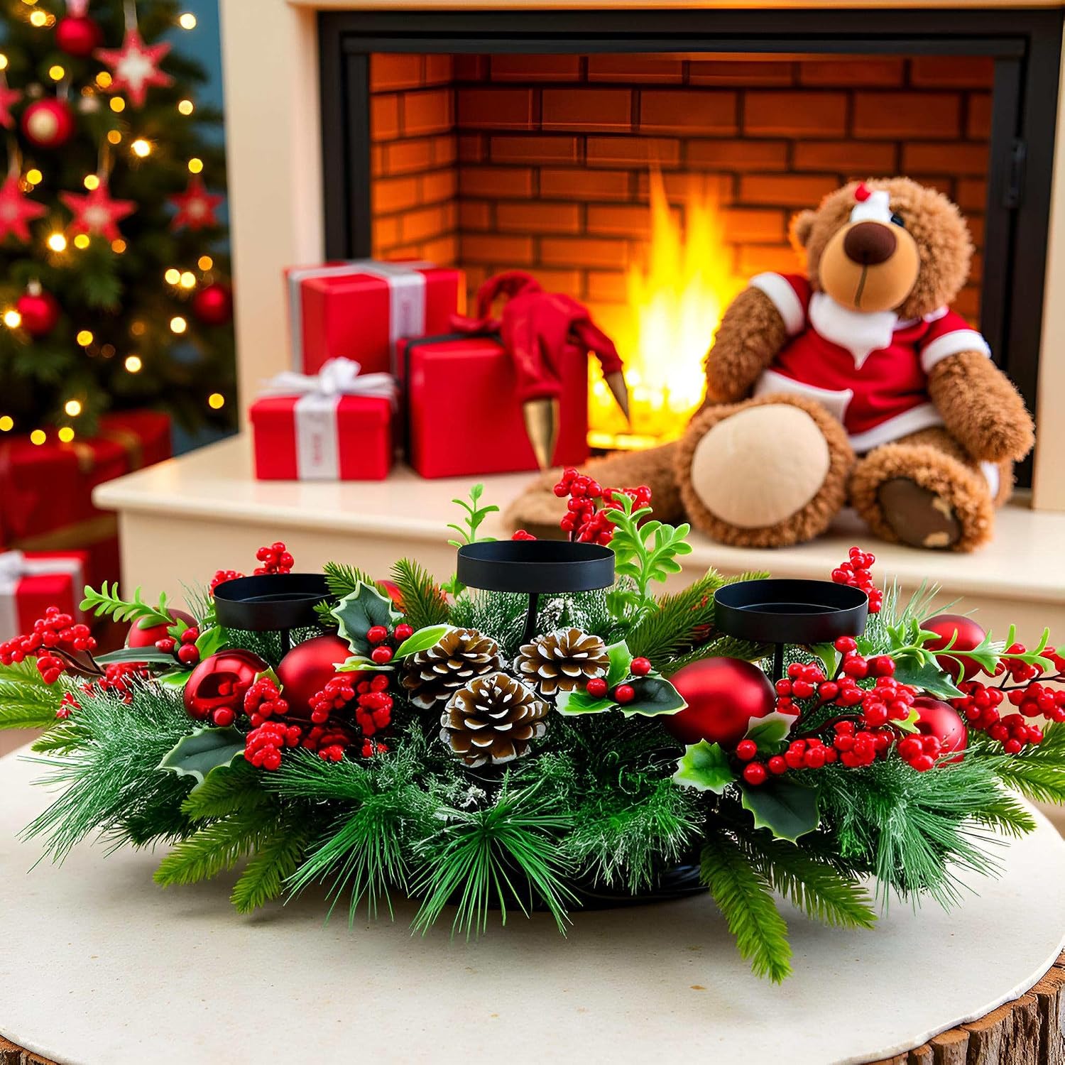YULETIME 28" Christmas Triple Candelabrum, Red Baubles, Berries, Pine Cones | Three Trays Holder, Tray diameter 3.15-in, Candles Not Included, Holiday Centerpiece, Red Theme