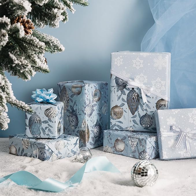 LeZakaa Christmas Silver Wrapping Paper Mini Roll, Silver Blue Christmas Ornaments, White Blue Snowflakes Metallic Foil, Reversible Design for Winter Holiday Family Gathering, 17 inches x 32.8 Feet