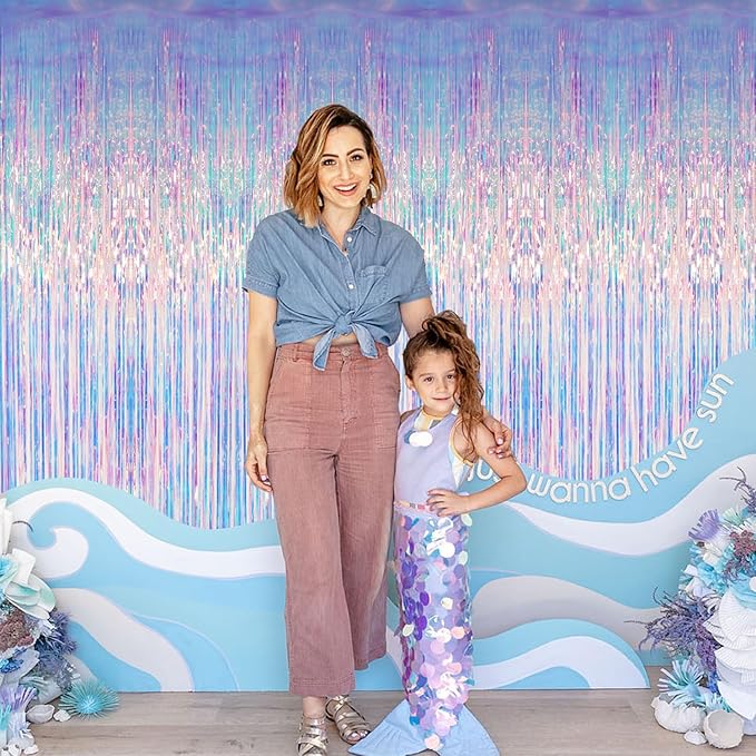 GOER 3.2 ft x 6.5 ft Metallic Tinsel Foil Fringe Curtains Party Photo Backdrop Party Streamers for Mermaid Birthday Party Decorations(1 Packs,Neon Blue)