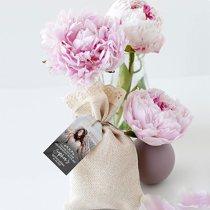 Andaz Press 40-Pack Personalized Quinceañera Favor Tags with String, Classic Thank You for Celebrating with Me Gift Tags with Custom Photo for Mis Quince Años, XV, 15th Birthday, Favor Gifts