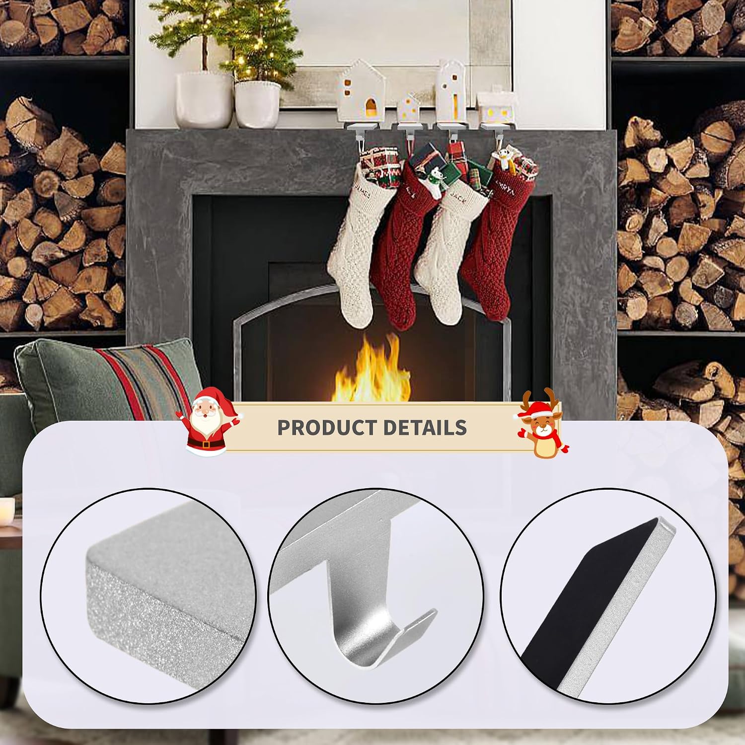 4 Pcs Christmas Stocking Holders, Mantel Stocking Hangers Metal Hanging Hooks with Protective Pads for Xmas Holiday Counter Window Home Table Silver